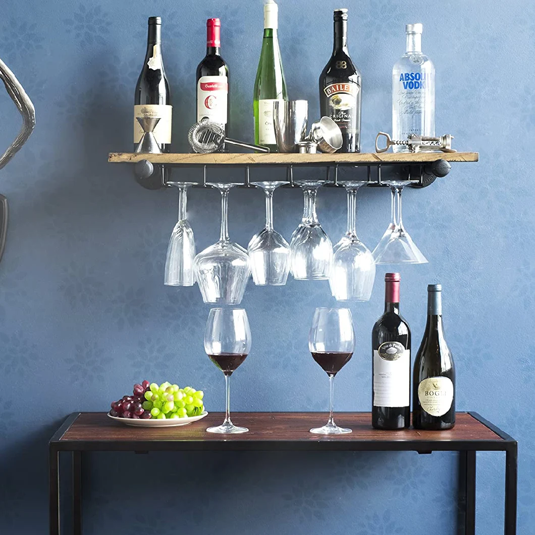 Modern Popular Customized Floating Wooden Wine Bottle Shelf and Wine Glass Drying Display Rack